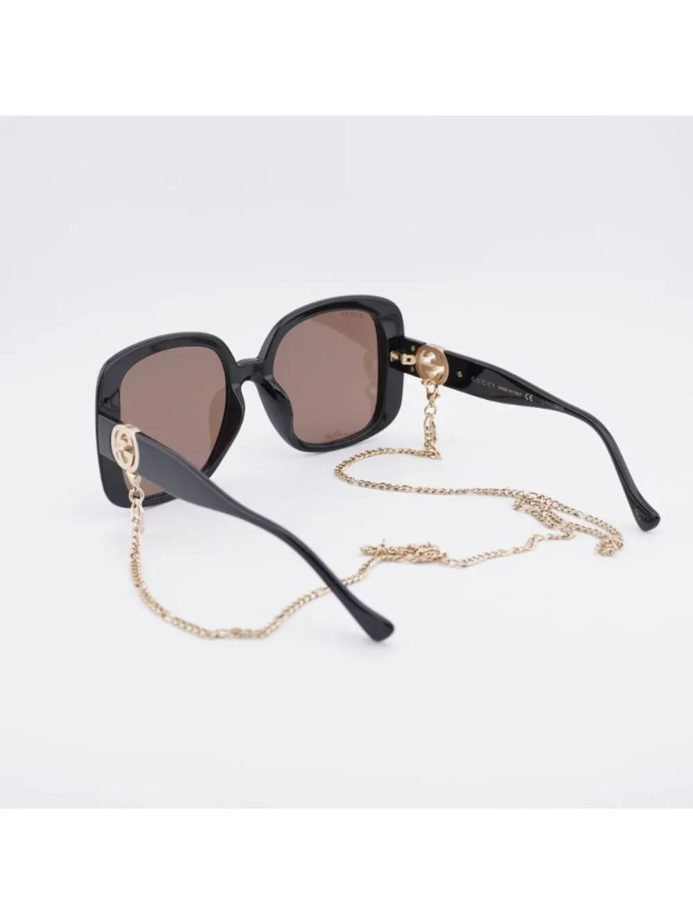 Gucci GG1029SA 005 Sunglasses Black with Gold Chain Square Frame, Brown Lenses